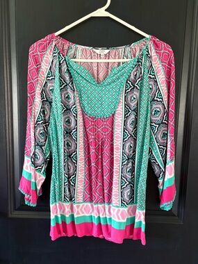Crown & ivy top blouse pink and teal boho Pom detail Medium